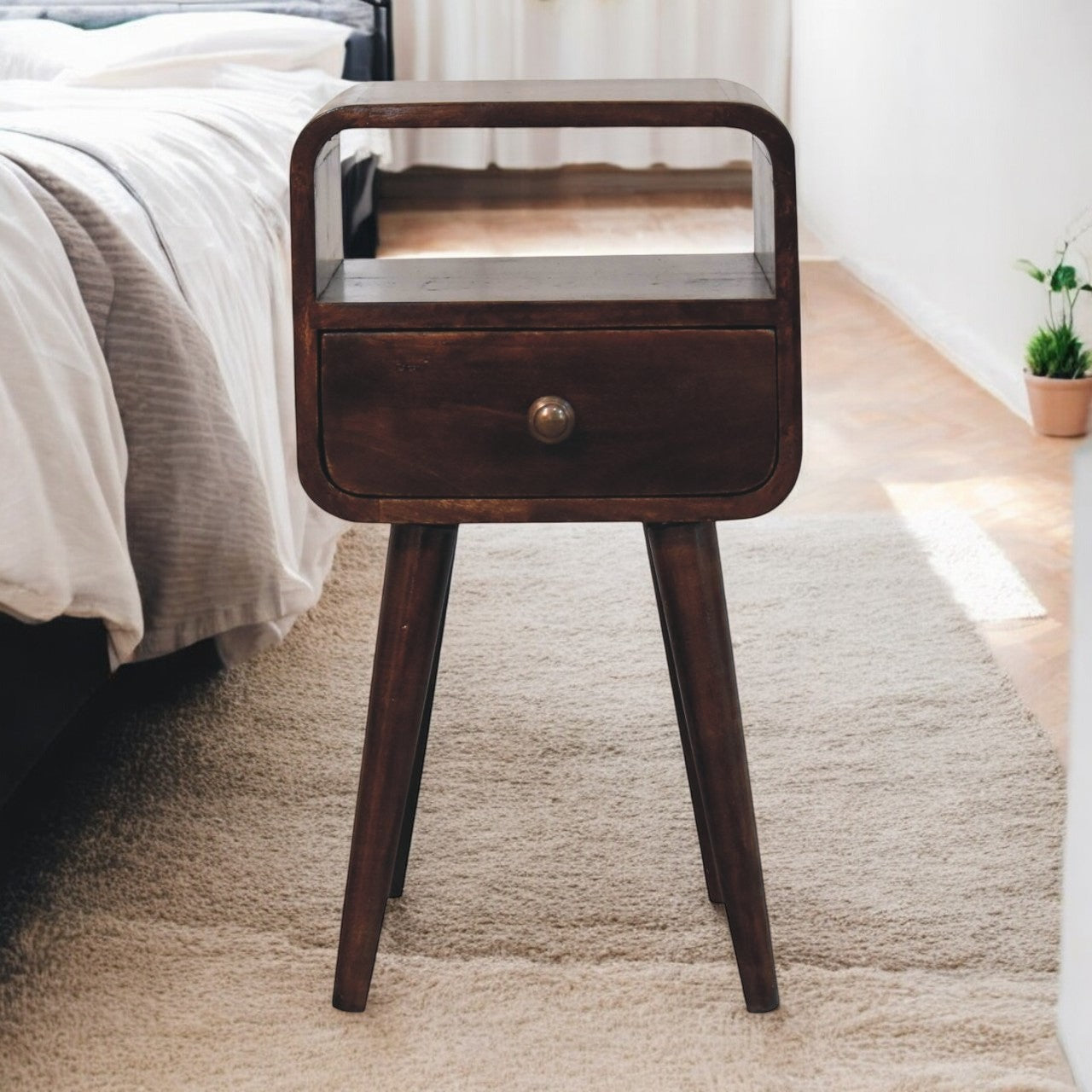 California Walnut Curved Bedside. 100% Solid Mango Wood