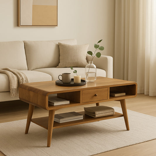 Curved Oak-ish Coffee Table 100% Solid Mango Wood