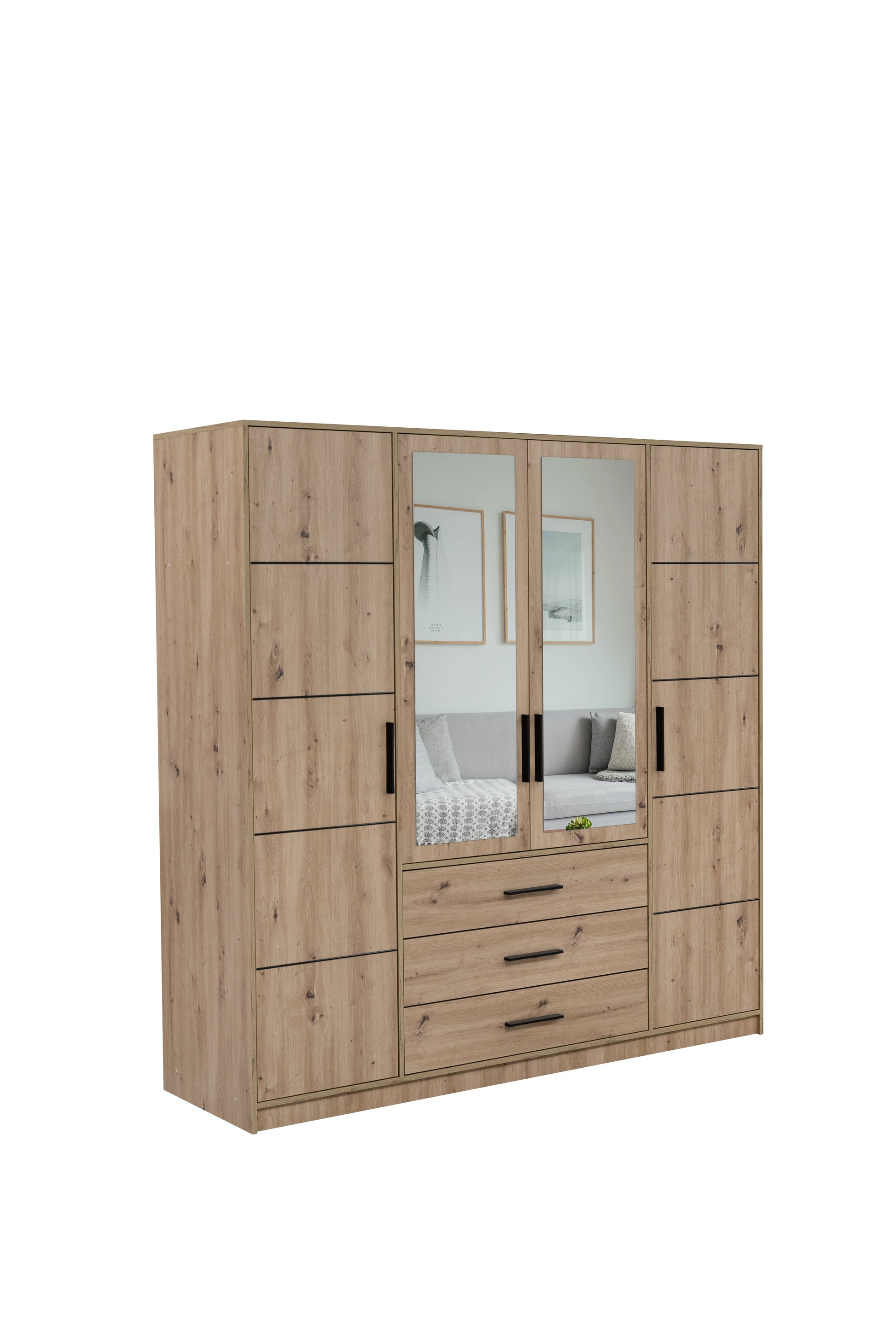 KOS D4 Oak Artisan & Mirror 4 Door Wardrobe - Spacious Modern Storage with Shelves, Hanging Rail & Drawers