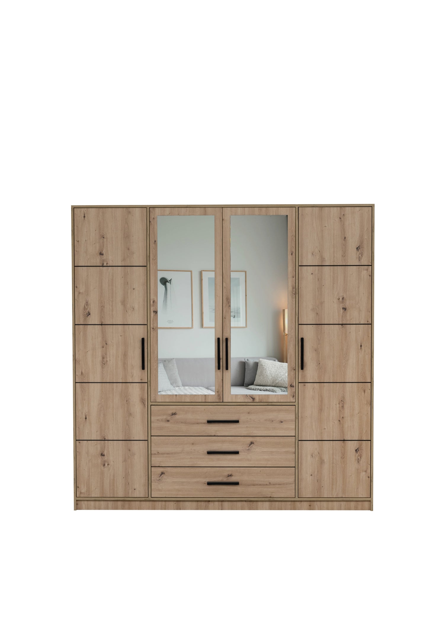 KOS D4 Oak Artisan & Mirror 4 Door Wardrobe - Spacious Modern Storage with Shelves, Hanging Rail & Drawers