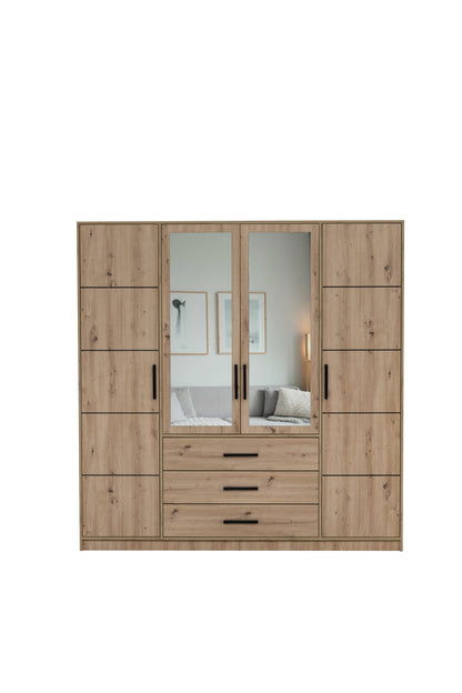 KOS D4 Oak Artisan & Mirror 4 Door Wardrobe - Spacious Modern Storage with Shelves, Hanging Rail & Drawers