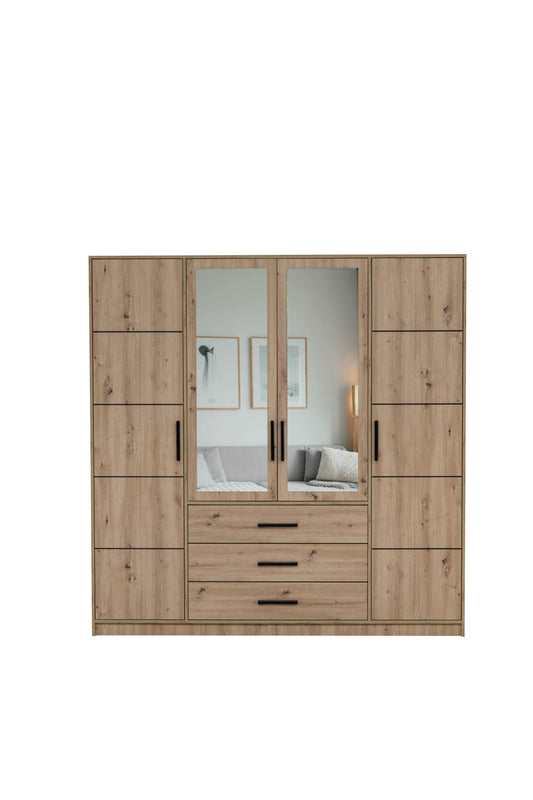 KOS D4 Oak Artisan & Mirror 4 Door Wardrobe - Spacious Modern Storage with Shelves, Hanging Rail & Drawers