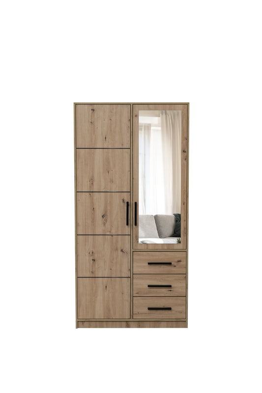KOS D2 Oak Artisan & Mirror 2 Door Wardrobe - Compact Modern Storage with Drawers, Shelves & Hanging Rail