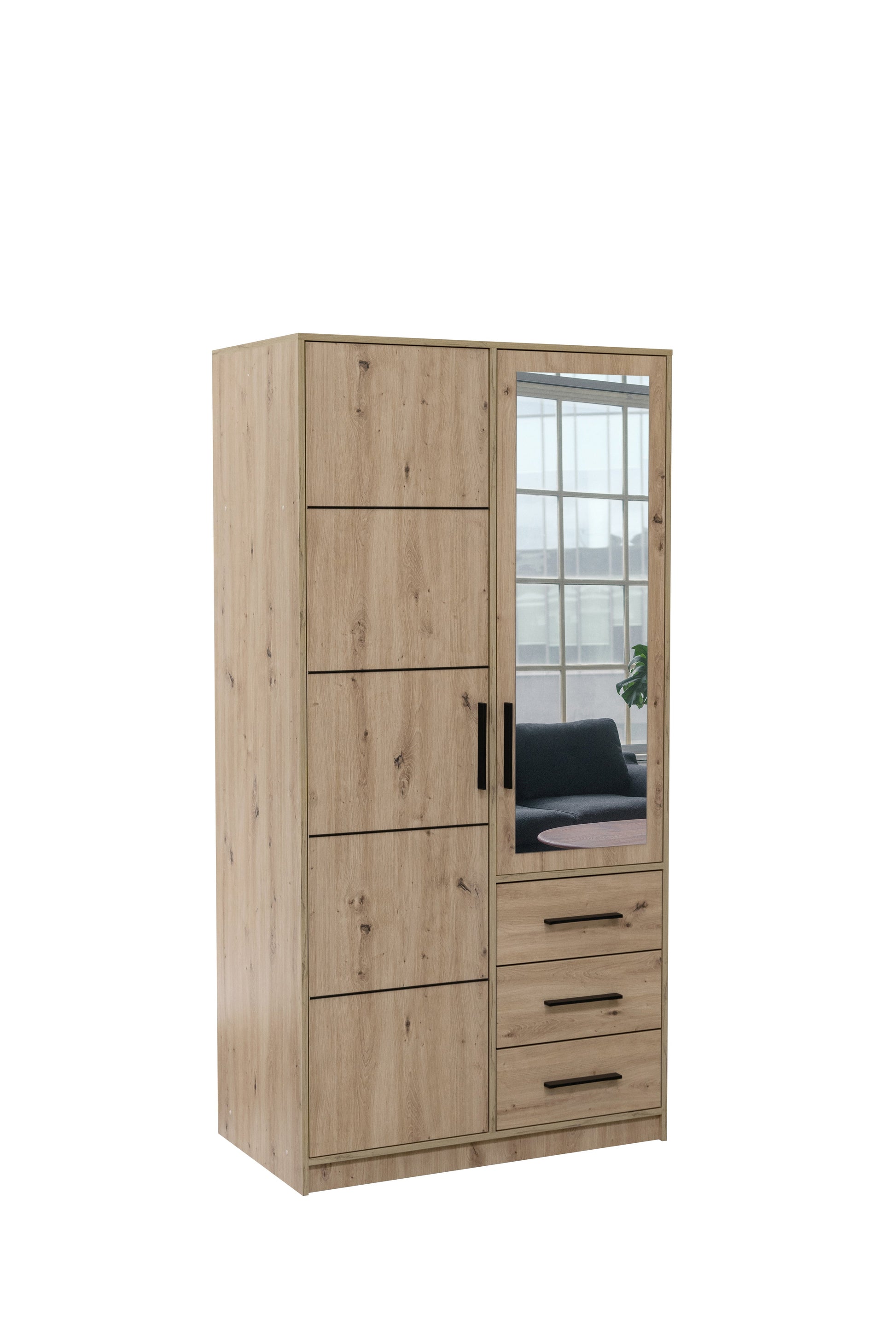 KOS D2 Oak Artisan & Mirror 2 Door Wardrobe - Compact Modern Storage with Drawers, Shelves & Hanging Rail