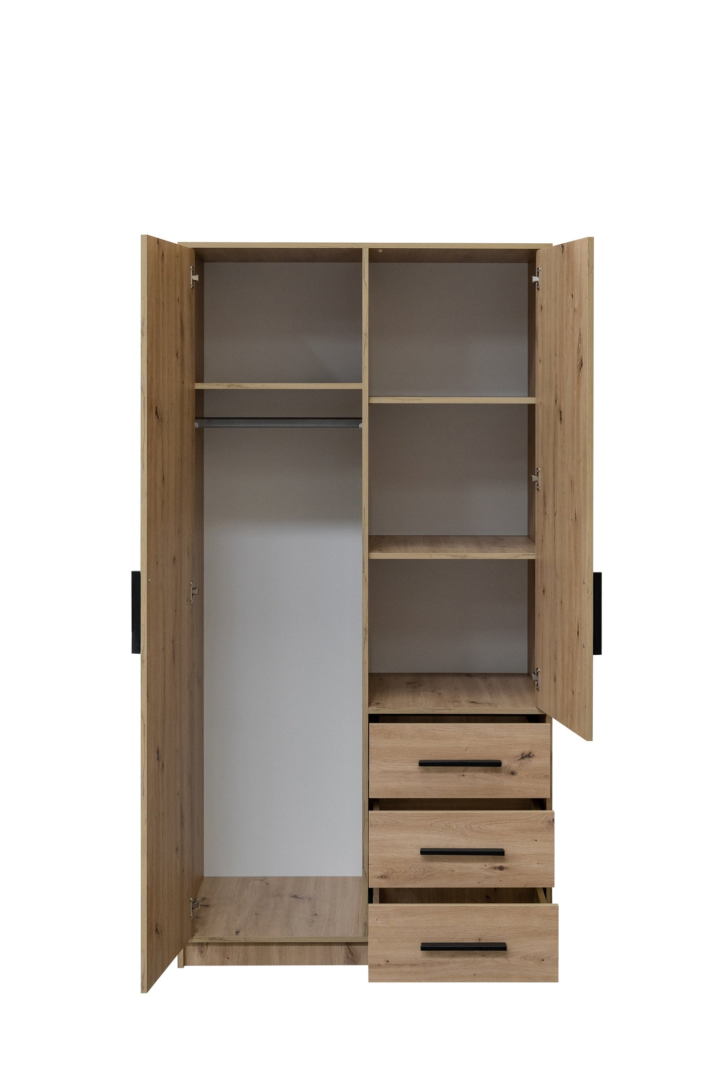 KOS D2 Oak Artisan & Mirror 2 Door Wardrobe - Compact Modern Storage with Drawers, Shelves & Hanging Rail