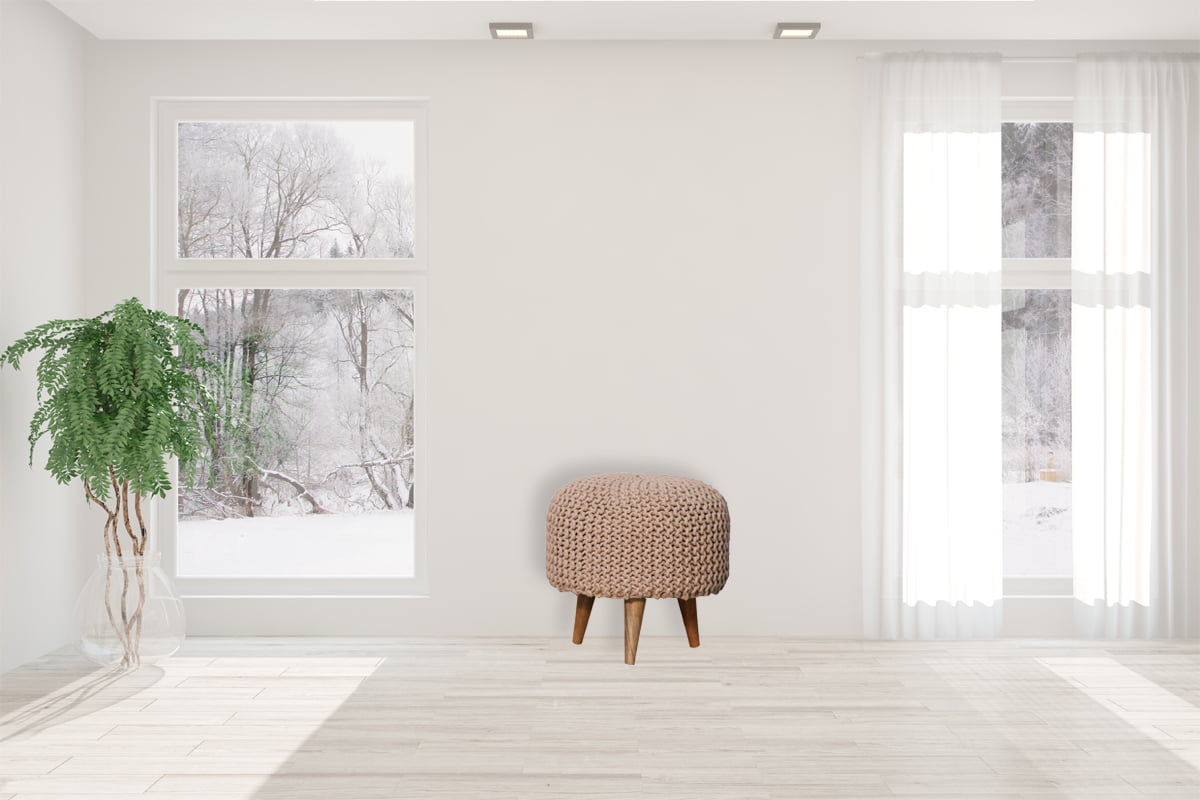 Keeva Beige Round Footstool. 100% Solid Mango Wood