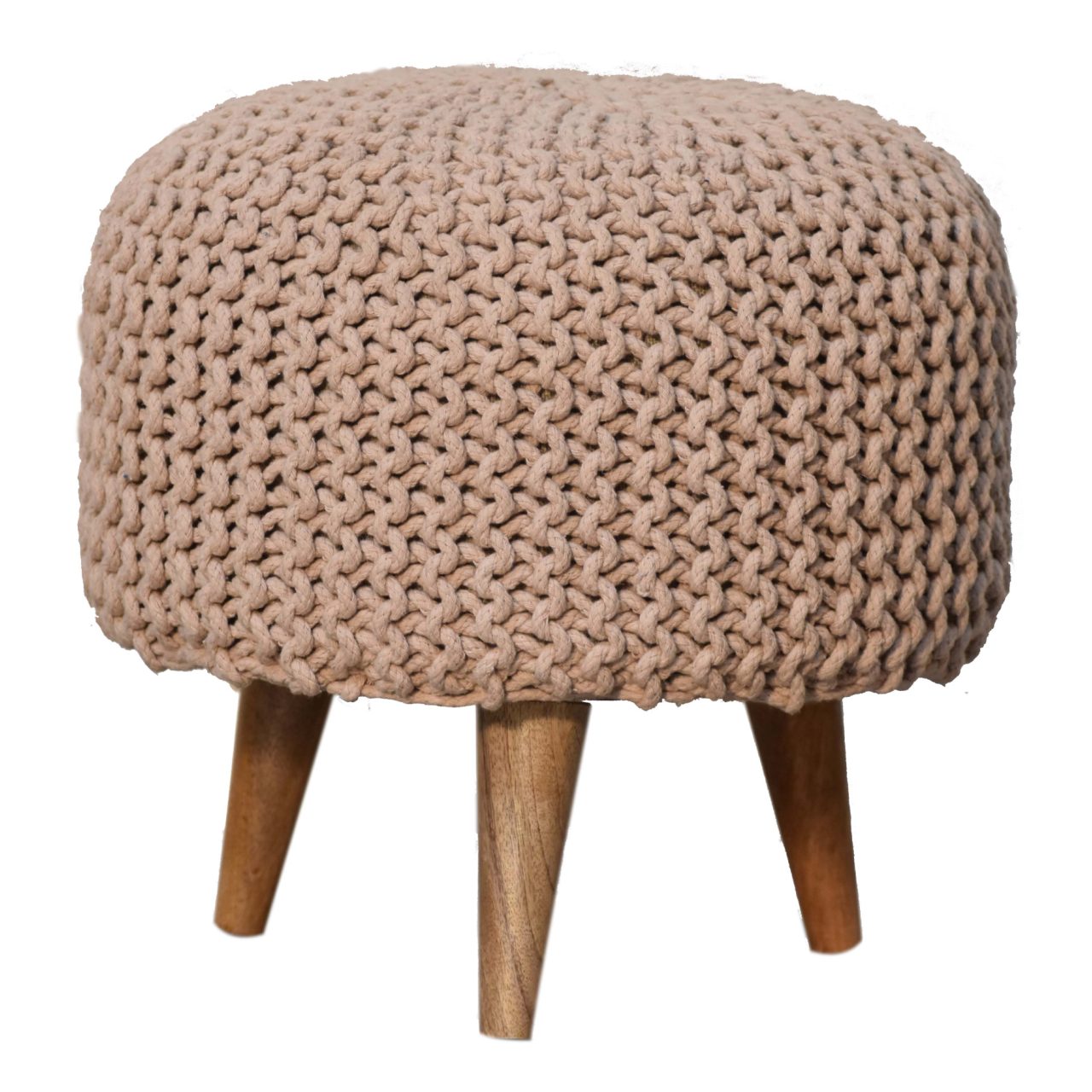 Keeva Beige Round Footstool. 100% Solid Mango Wood