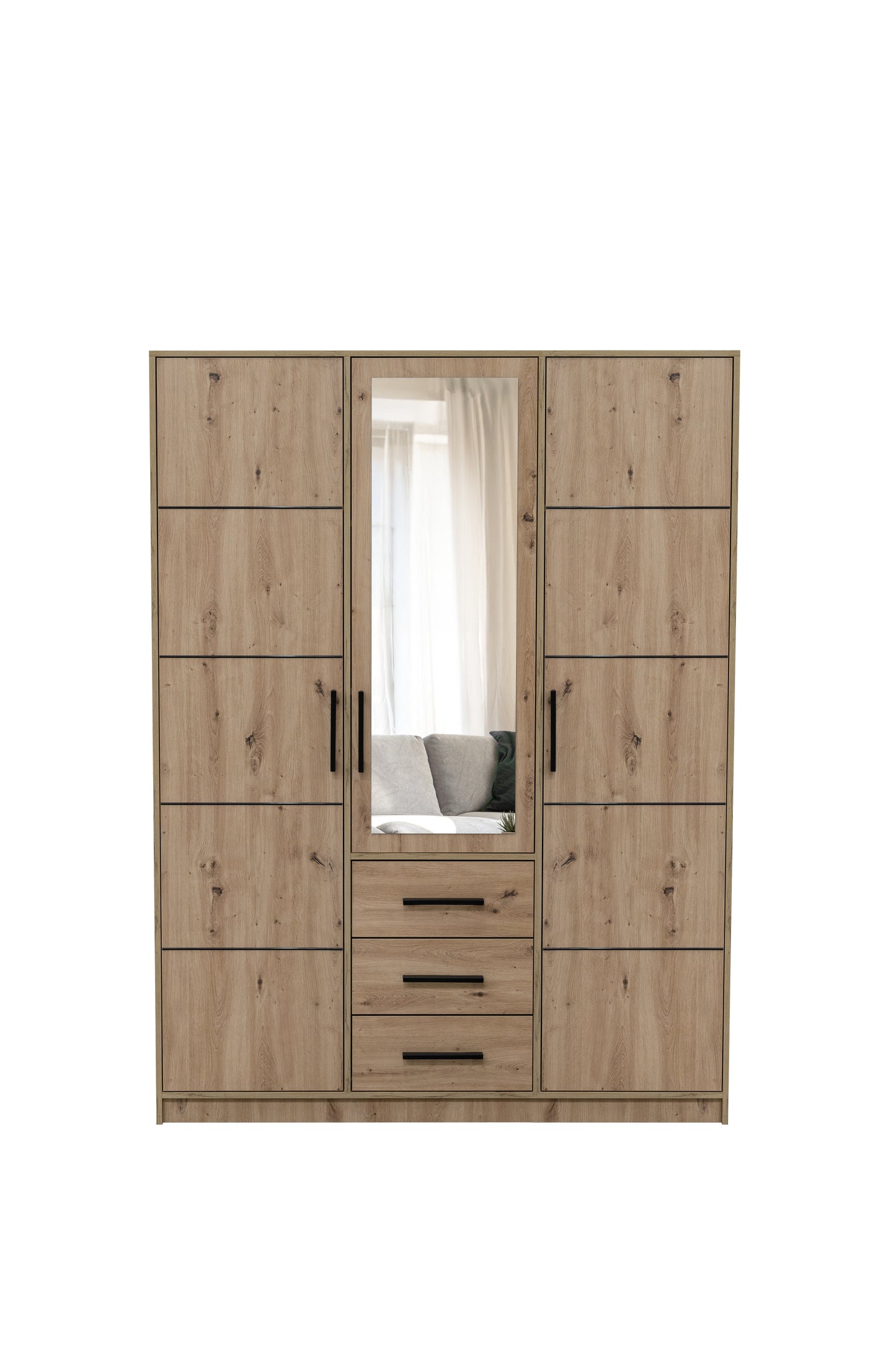 KOS D3 Oak Artisan & Mirror 3 Door Wardrobe - Large Modern Storage with Drawers, Shelves & Hanging Rails