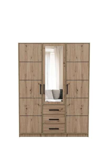 KOS D3 Oak Artisan & Mirror 3 Door Wardrobe - Large Modern Storage with Drawers, Shelves & Hanging Rails