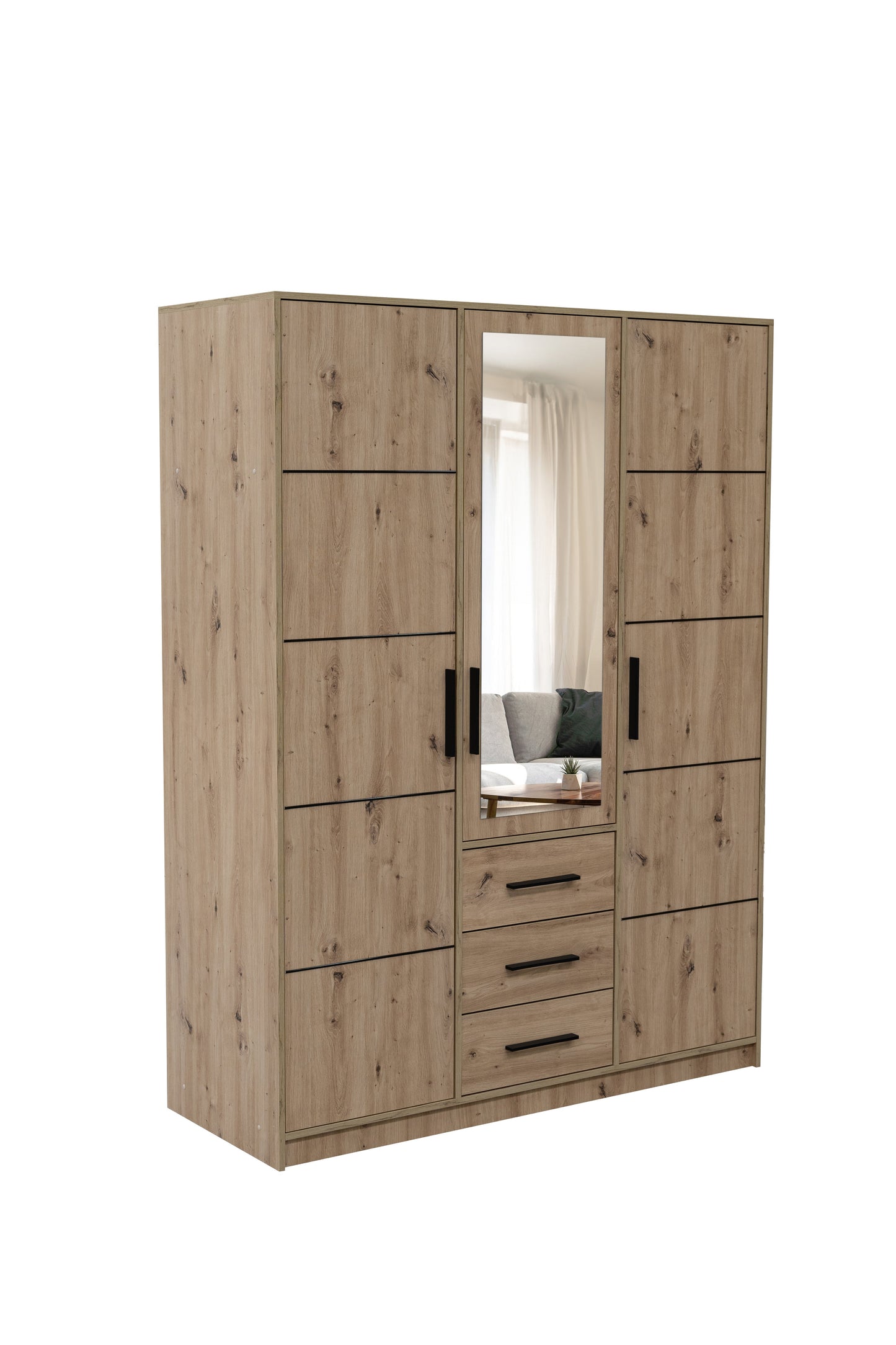KOS D3 Oak Artisan & Mirror 3 Door Wardrobe - Large Modern Storage with Drawers, Shelves & Hanging Rails