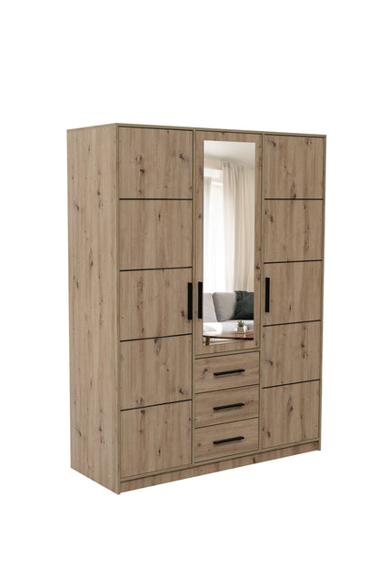 KOS D3 Oak Artisan & Mirror 3 Door Wardrobe - Large Modern Storage with Drawers, Shelves & Hanging Rails