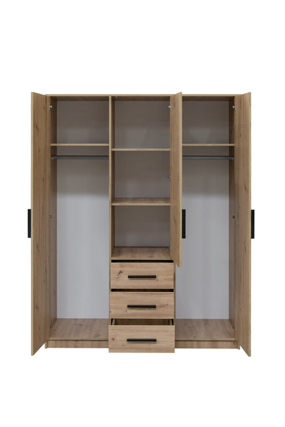 KOS D3 Oak Artisan & Mirror 3 Door Wardrobe - Large Modern Storage with Drawers, Shelves & Hanging Rails
