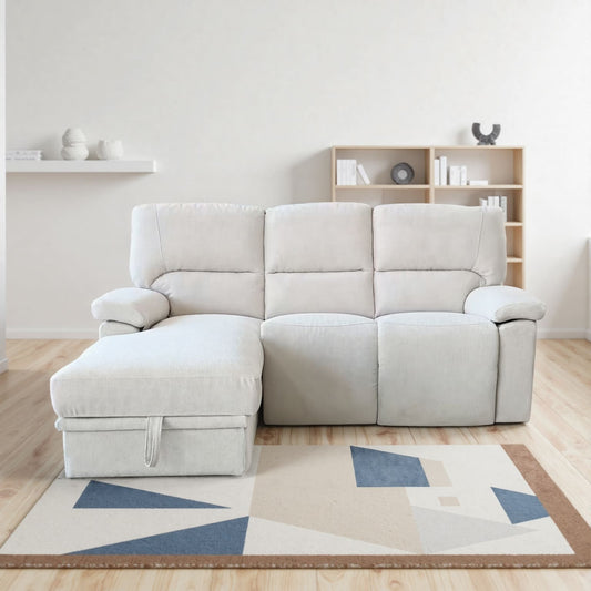 Light Cream L-Shape Corner Sofa with Electric Recliner & Storage Chaise – Cotton Linen