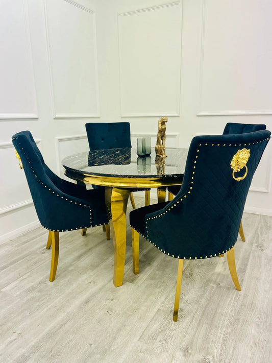 Gold Louis 1.3m Round Black & Gold - 4 Bentley Black & Gold Chairs