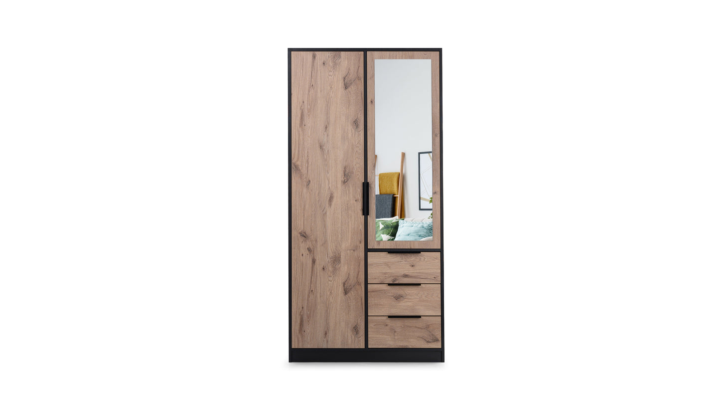 Wardrobe LATI D2 Black and Oak Viking with Mirror - Modern Storage with Shelves, Drawers & Hanging Rail