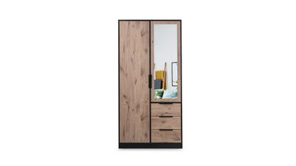 Wardrobe LATI D2 Black and Oak Viking with Mirror - Modern Storage with Shelves, Drawers & Hanging Rail