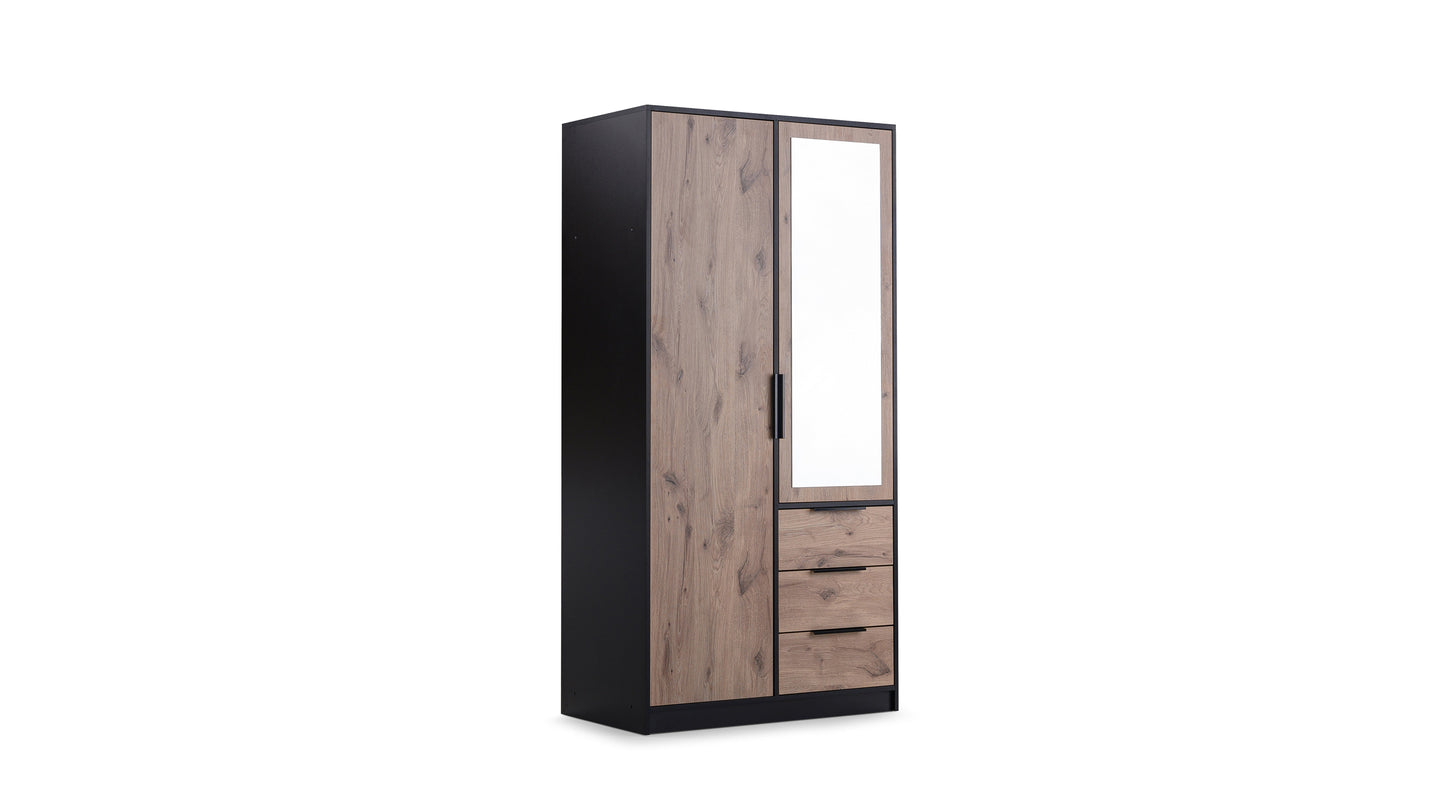 Wardrobe LATI D2 Black and Oak Viking with Mirror - Modern Storage with Shelves, Drawers & Hanging Rail