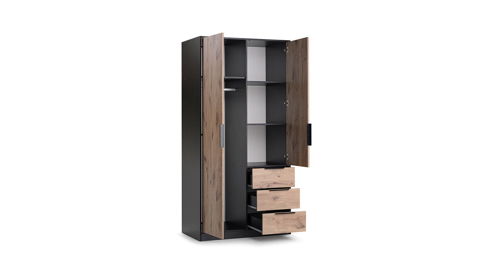 Wardrobe LATI D2 Black and Oak Viking with Mirror - Modern Storage with Shelves, Drawers & Hanging Rail