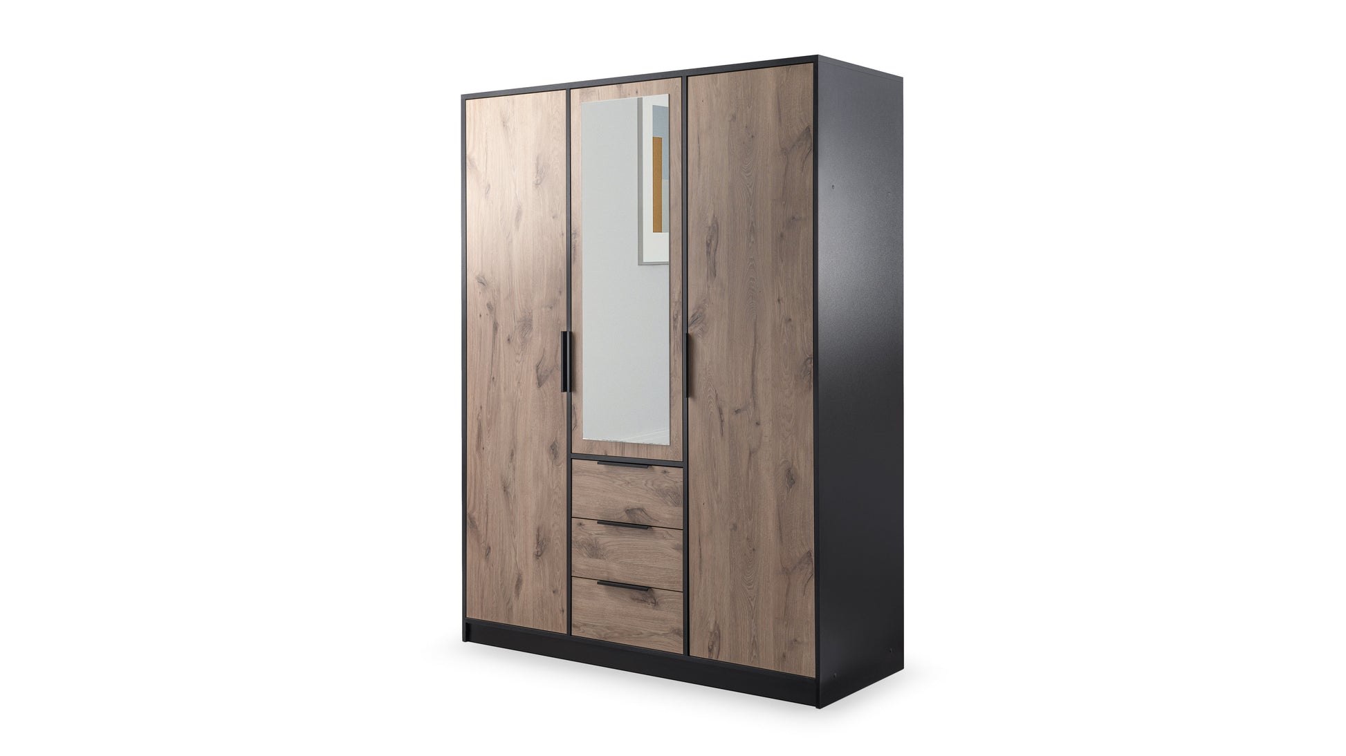 Wardrobe LATI D3 Black and Oak Viking with Mirror - Stylish Storage with Drawers, Shelves & Hanging Rails