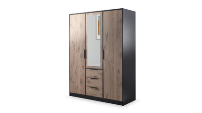Wardrobe LATI D3 Black and Oak Viking with Mirror - Stylish Storage with Drawers, Shelves & Hanging Rails