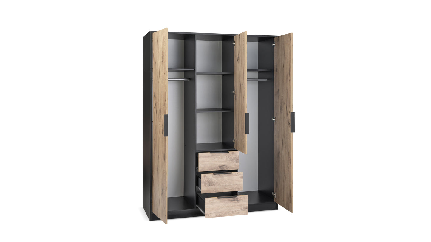 Wardrobe LATI D3 Black and Oak Viking with Mirror - Stylish Storage with Drawers, Shelves & Hanging Rails