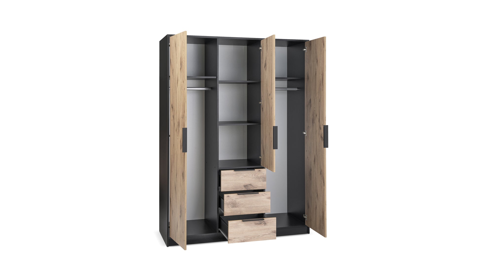 Wardrobe LATI D3 Black and Oak Viking with Mirror - Stylish Storage with Drawers, Shelves & Hanging Rails