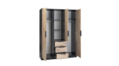 Wardrobe LATI D3 Black and Oak Viking with Mirror - Stylish Storage with Drawers, Shelves & Hanging Rails