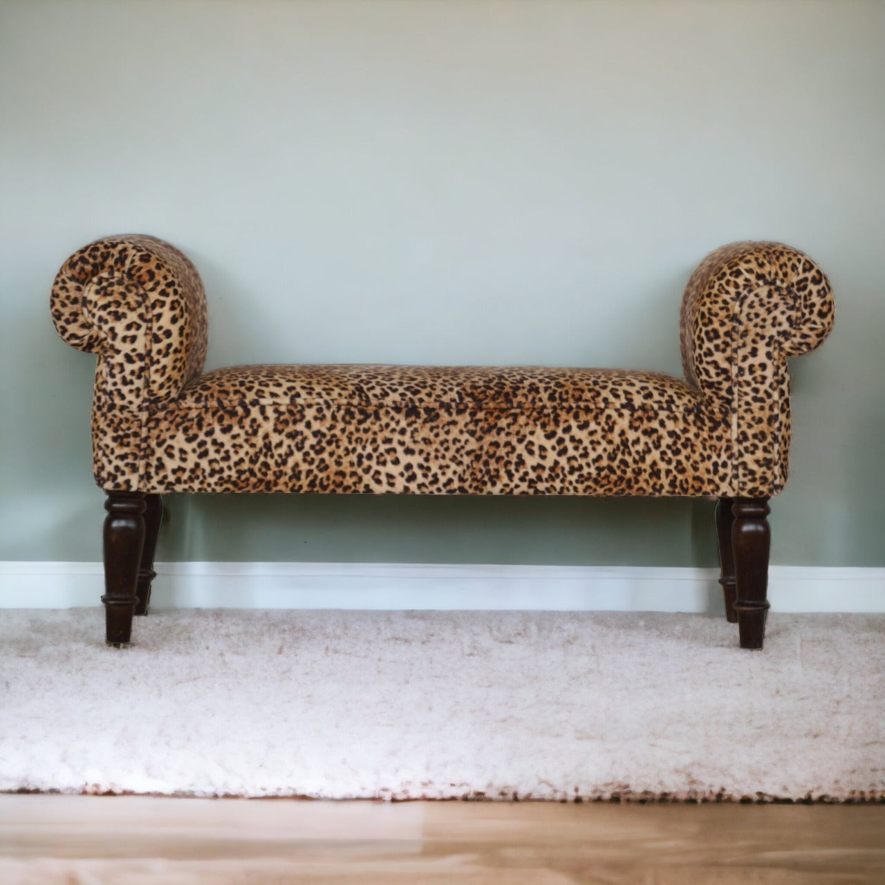 Leopard Print Velvet Bench. 100% Solid Mango Wood