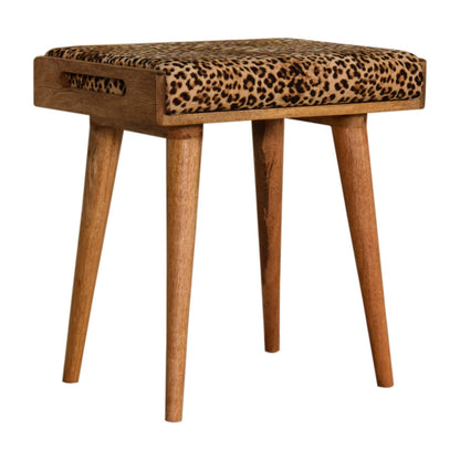 Leopard Velvet Tray Style Footstool. 100% Solid Mango Wood