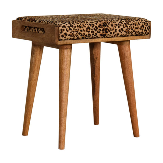 Leopard Velvet Tray Style Footstool. 100% Solid Mango Wood