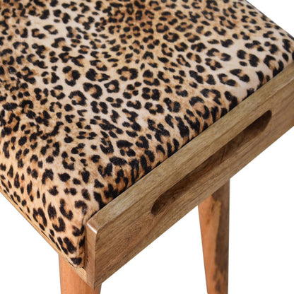 Leopard Velvet Tray Style Footstool. 100% Solid Mango Wood