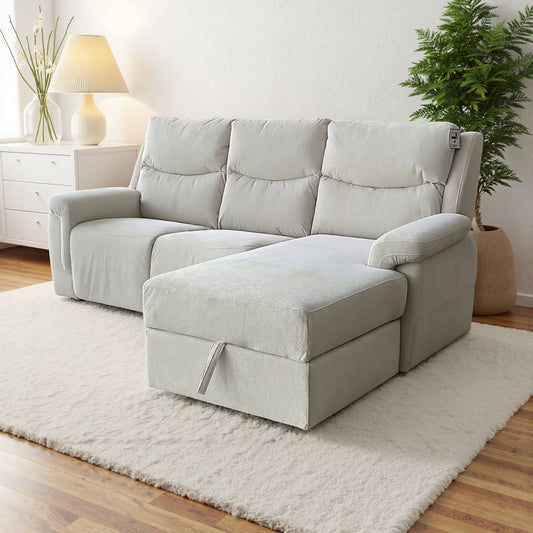 Light Cream L-Shape Corner Sofa with Electric Recliner & Storage Chaise Cotton Linen