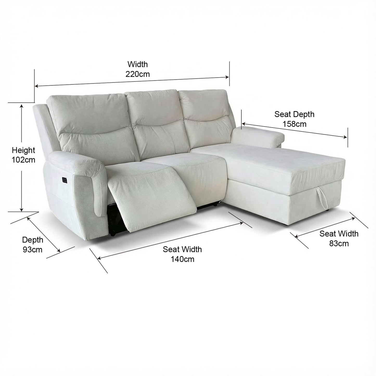Light Cream L-Shape Corner Sofa with Electric Recliner & Storage Chaise Cotton Linen