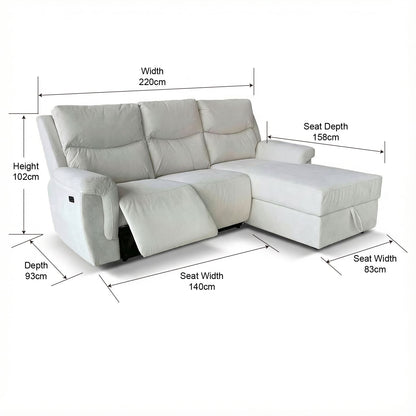 Light Cream L-Shape Corner Sofa with Electric Recliner & Storage Chaise Cotton Linen