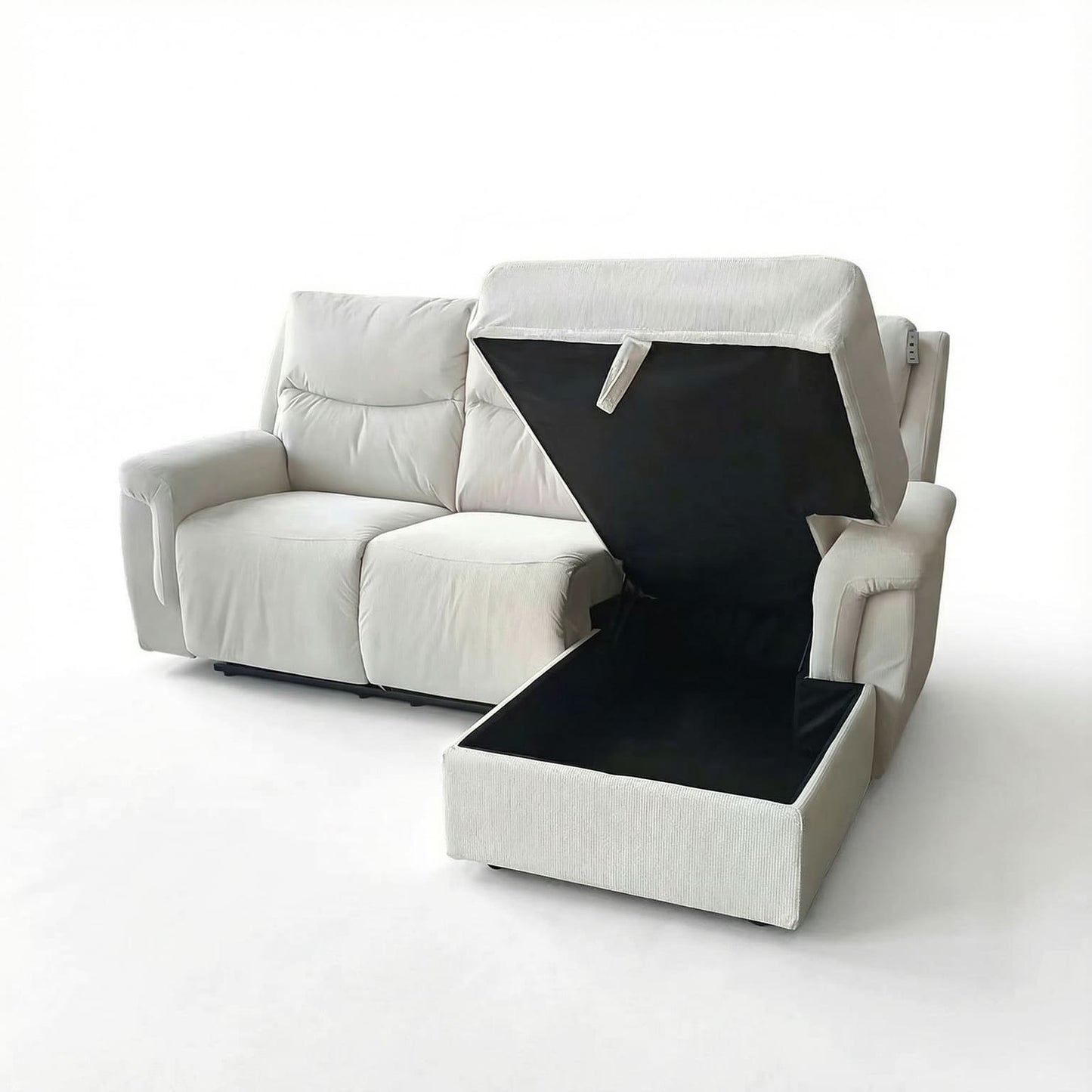 Light Cream L-Shape Corner Sofa with Electric Recliner & Storage Chaise Cotton Linen