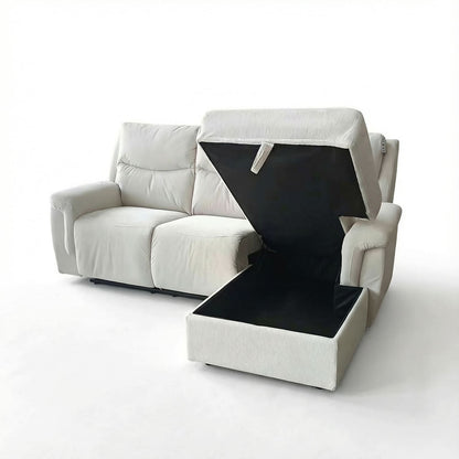 Light Cream L-Shape Corner Sofa with Electric Recliner & Storage Chaise Cotton Linen