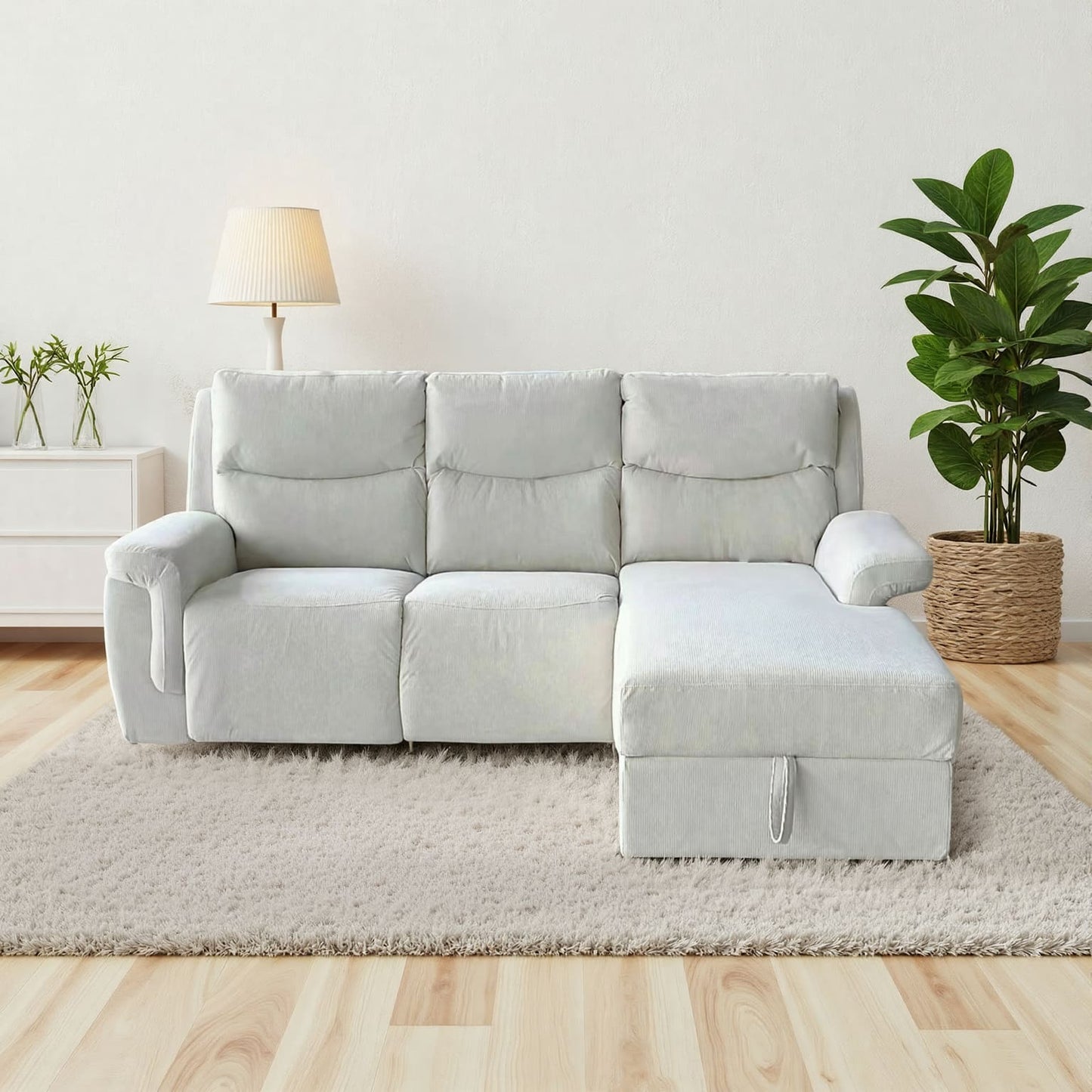 Light Cream L-Shape Corner Sofa with Electric Recliner & Storage Chaise Cotton Linen