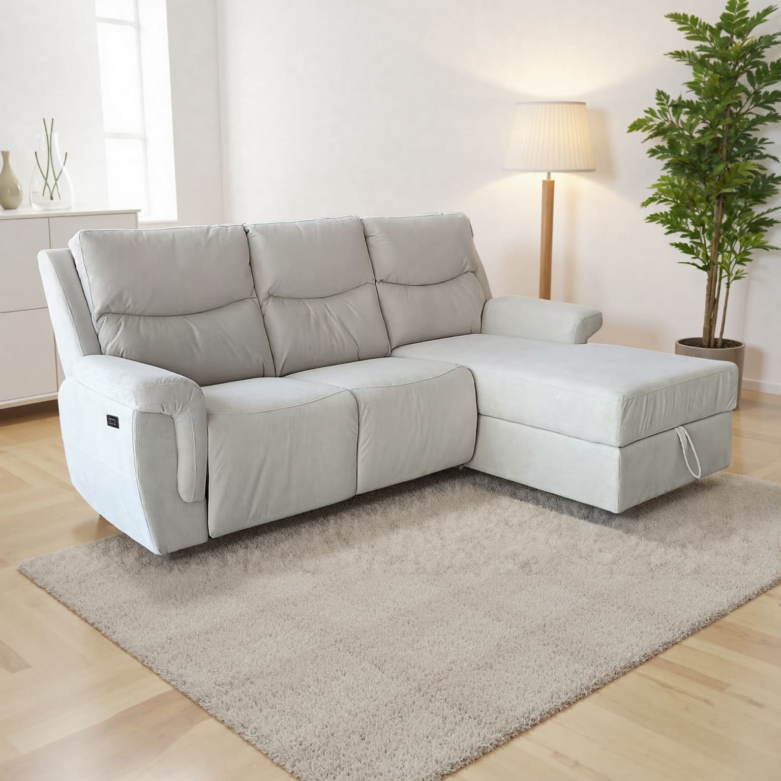 Light Cream L-Shape Corner Sofa with Electric Recliner & Storage Chaise Cotton Linen