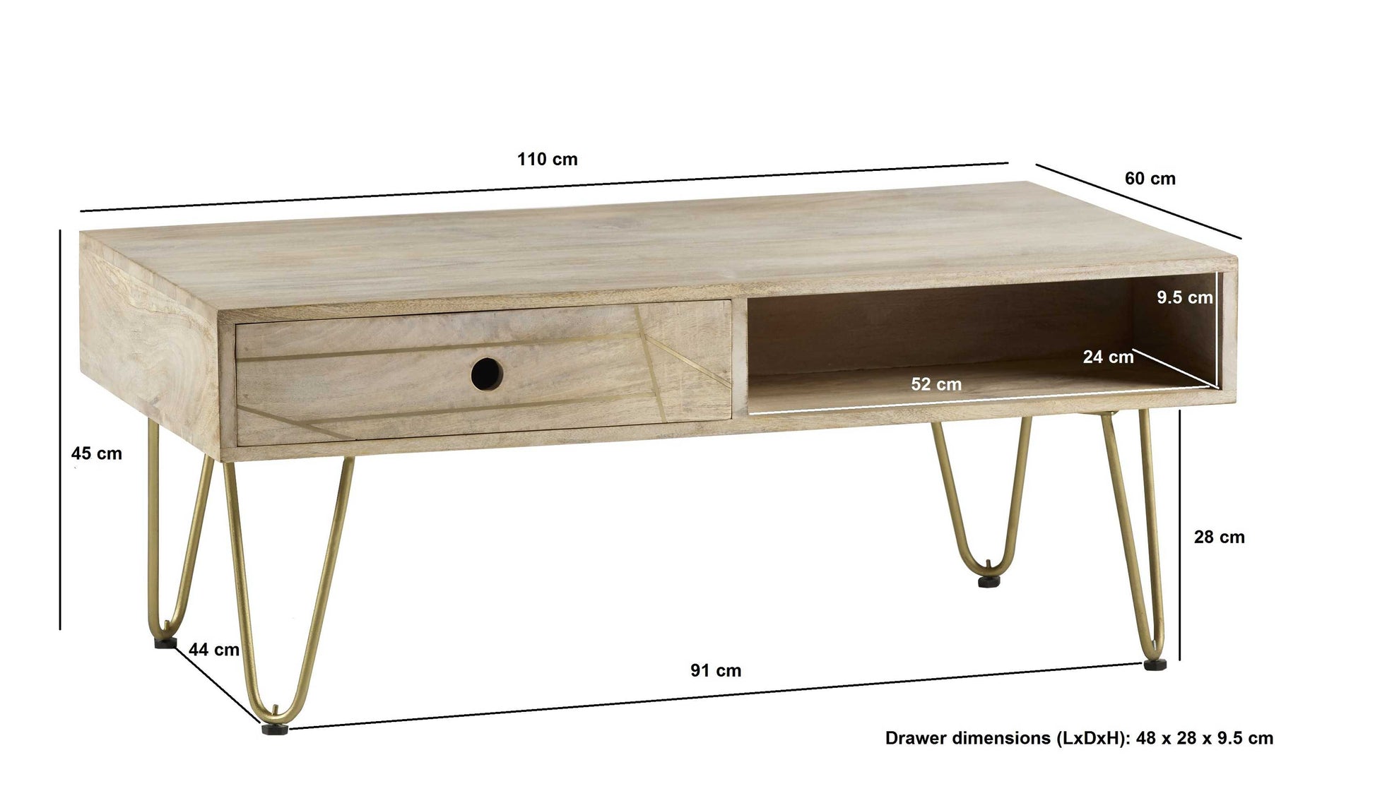 Light Gold Coffee Table. 100% Solid Mango Wood