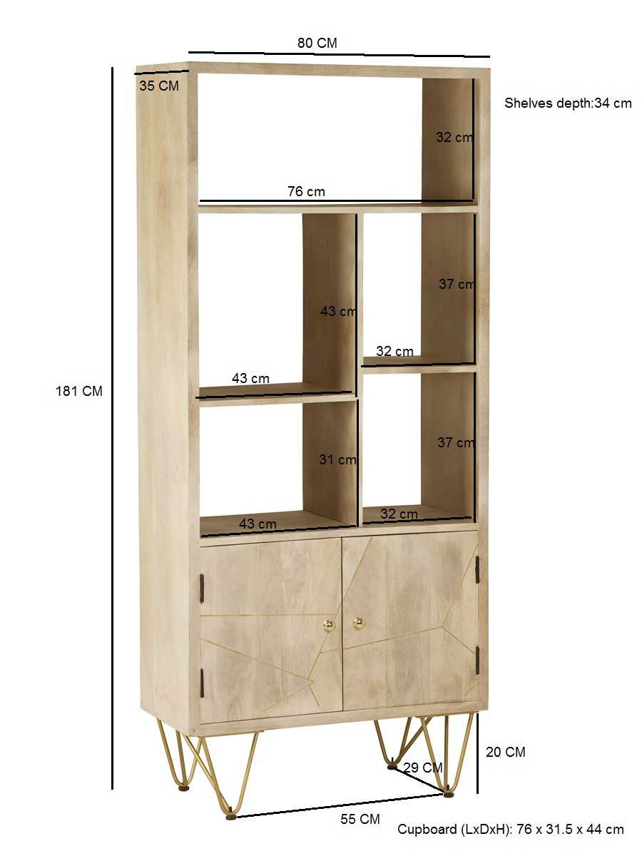 Light Gold Large Bookcase. 100% Solid Mango Wood