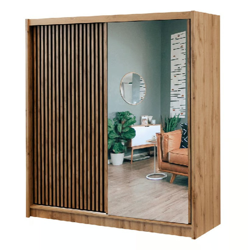 Statement Oak Wotan & Black Sliding Mirrored Wardrobe - 203cm Contemporary Storage with Lamella Feature