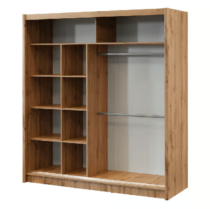 Statement Oak Wotan & Black Sliding Mirrored Wardrobe - 203cm Contemporary Storage with Lamella Feature