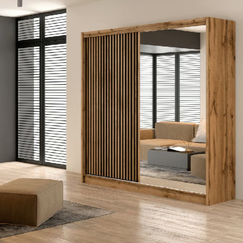 London 203cm Sliding Mirrored Wardrobe Oak Wotan or Black