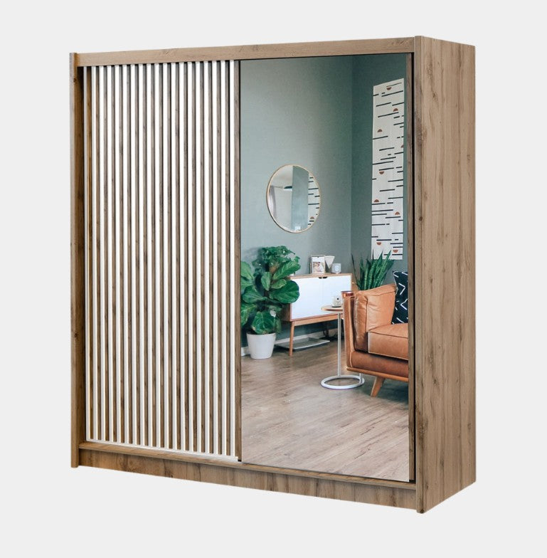 London 203cm Sliding Mirrored Wardrobe Oak Wotan or Black
