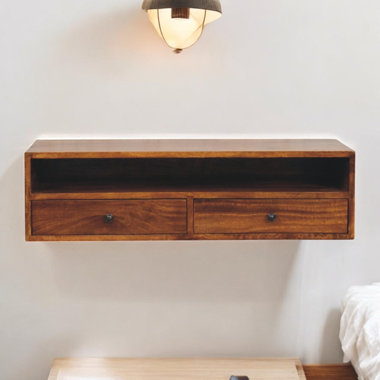 Lunar Chestnut Wall Mounted Media Unit. 100% Solid Mango Wood