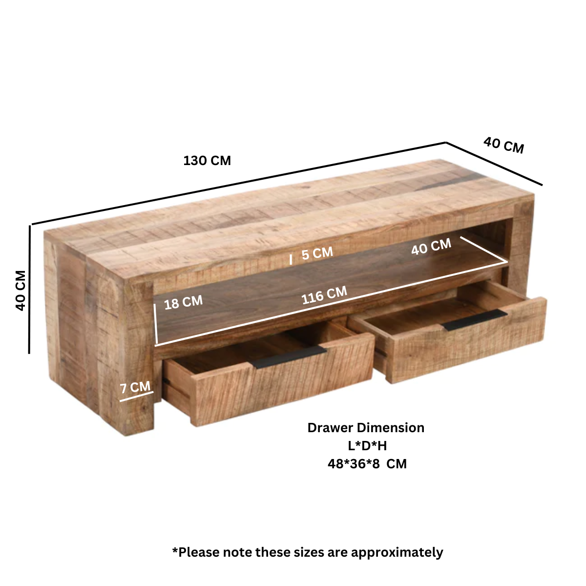 Surrey Solid Wood Tv Stand With 2 Drawers 100% Eco Sourced Solid Mango Wood