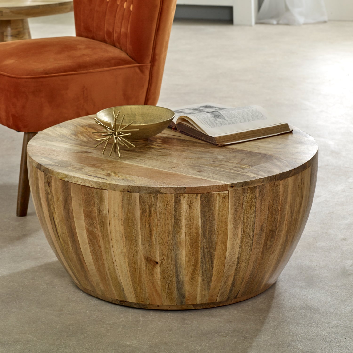 Surrey Solid Wood Drum Coffee Table 100% Eco Sourced Solid Mango Wood