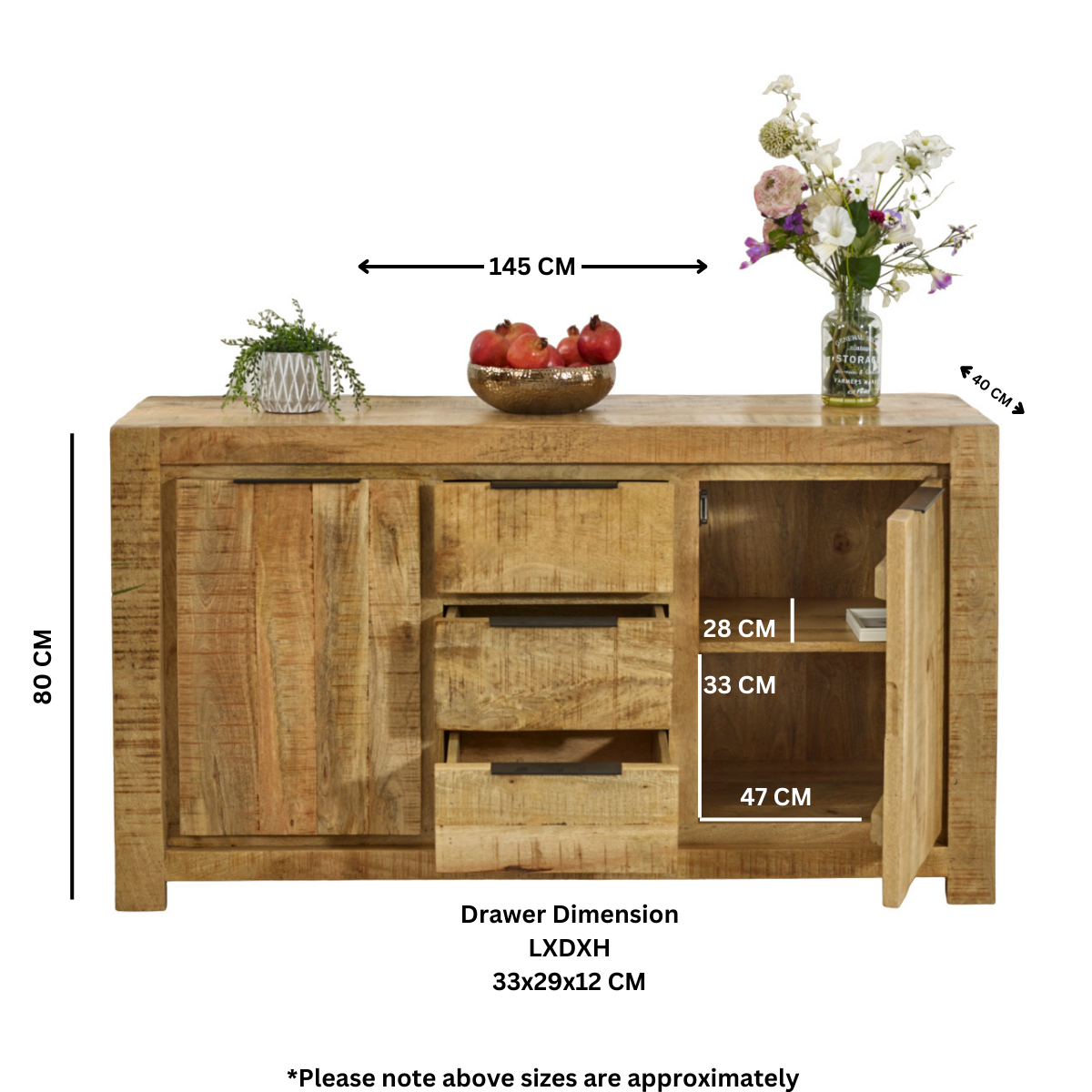 Surrey Solid Wood Large Sideboard 2 Door 3 Drawer 100% Eco Sourced Solid Mango Wood