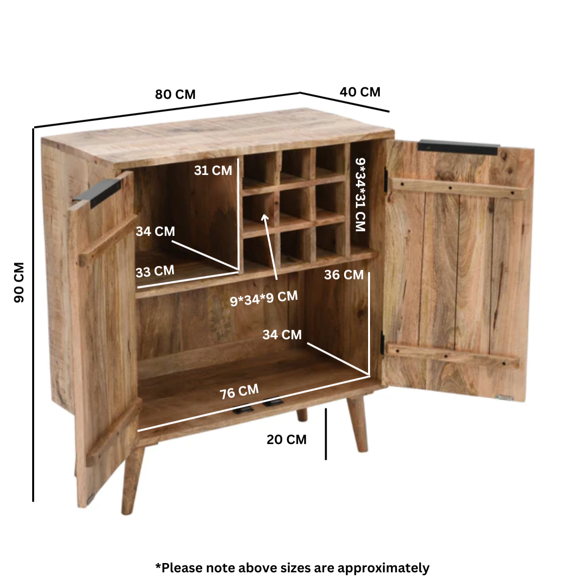 Surrey Solid Wood Drinks Cabinet / Sideboard 100% Eco Sourced Solid Mango Wood