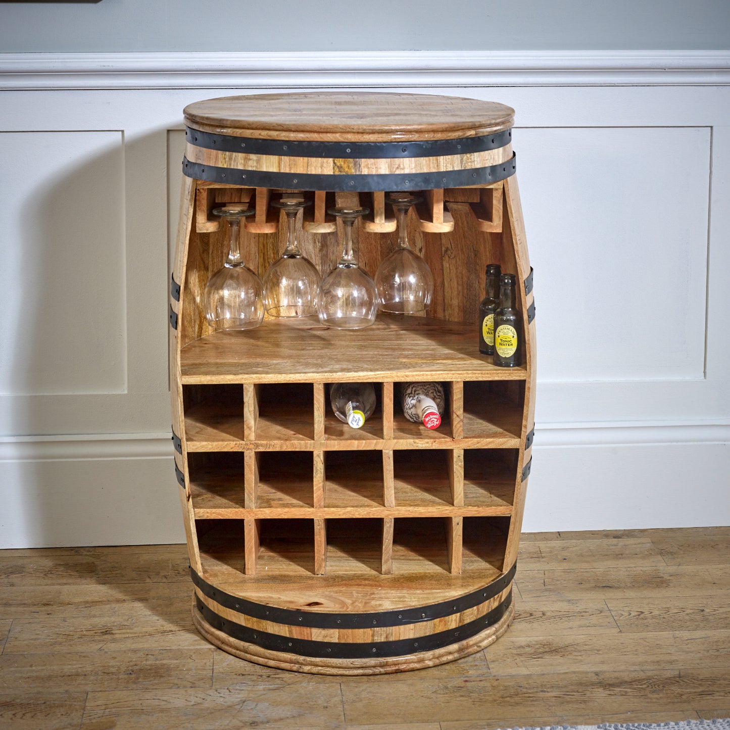 Surrey Solid Dark Wood Barrel Wine Sideboard 100% Eco Sourced Solid Mango Wood